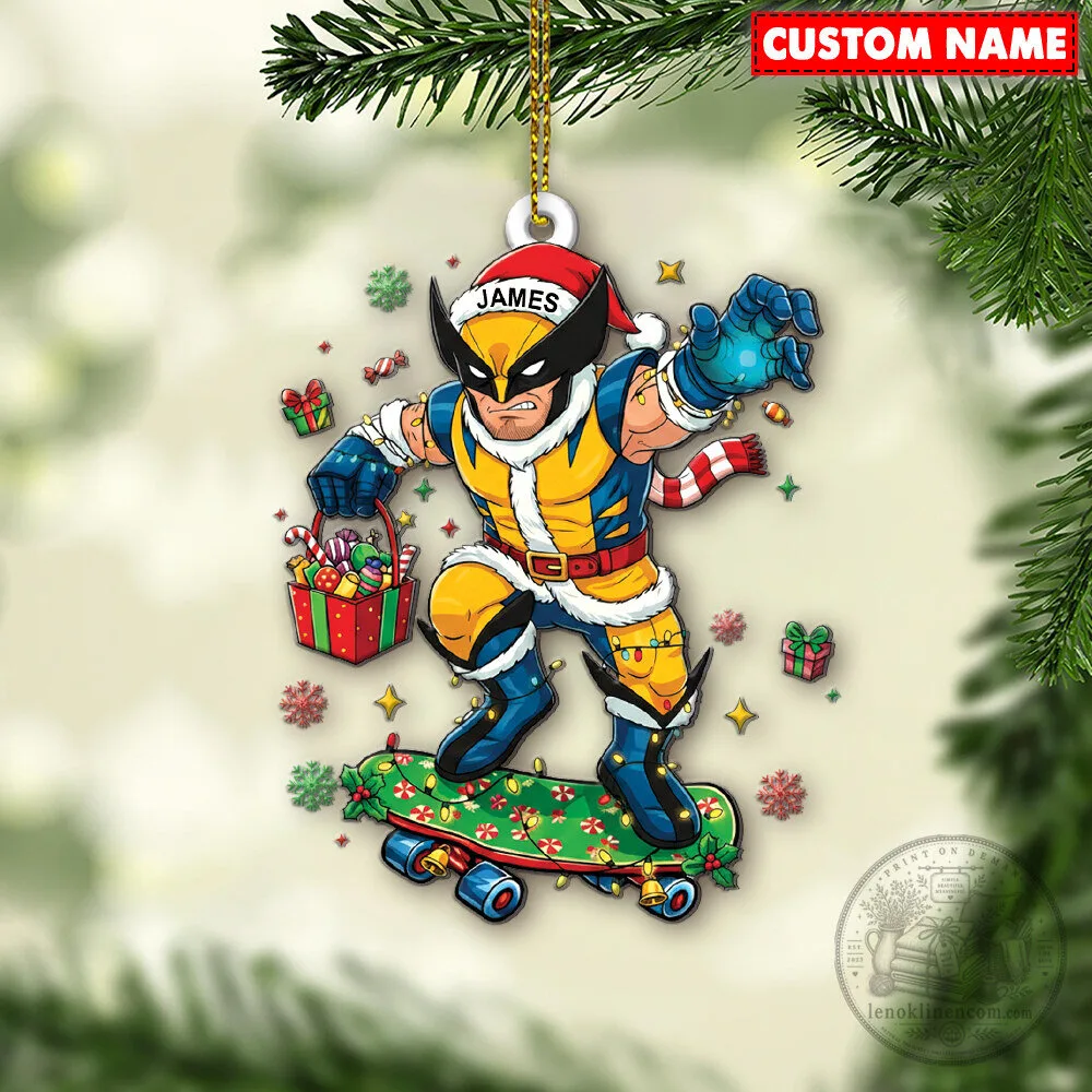 Wolverine Christmas Skateboard Holiday Ornament with Custom Name