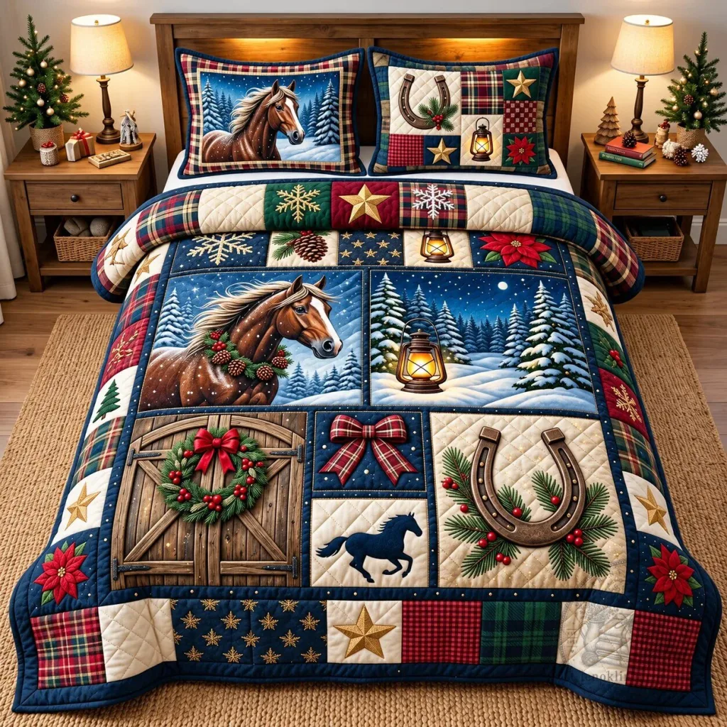 Christmas Horse Winter Wonderland Quilted Bedding Set with Pillow Shams Christmas Horse Winter Wonderland Quilted Bedding Set with Pillow Shams