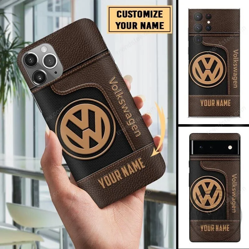 Volkswagen Custom Name Brown Leather Style Phone Case