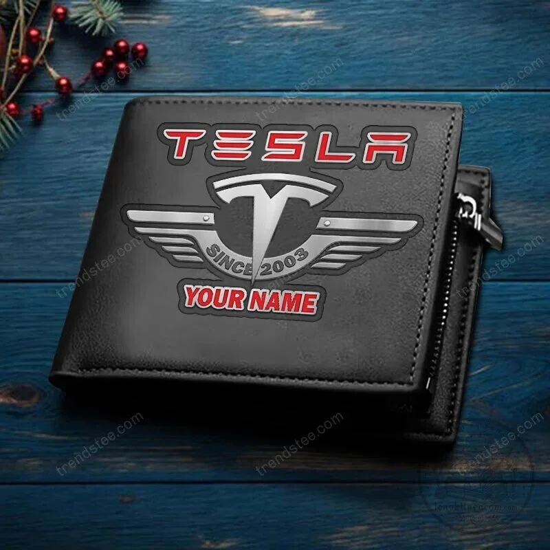 Personalized Tesla Since 2003 Custom Name Black Leather Wallet