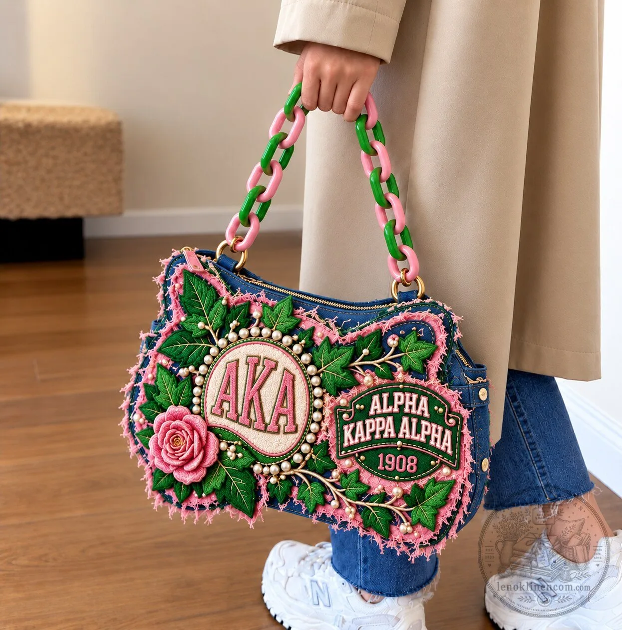 Alpha Kappa Alpha Embroidered Denim Handbag with Chain Strap