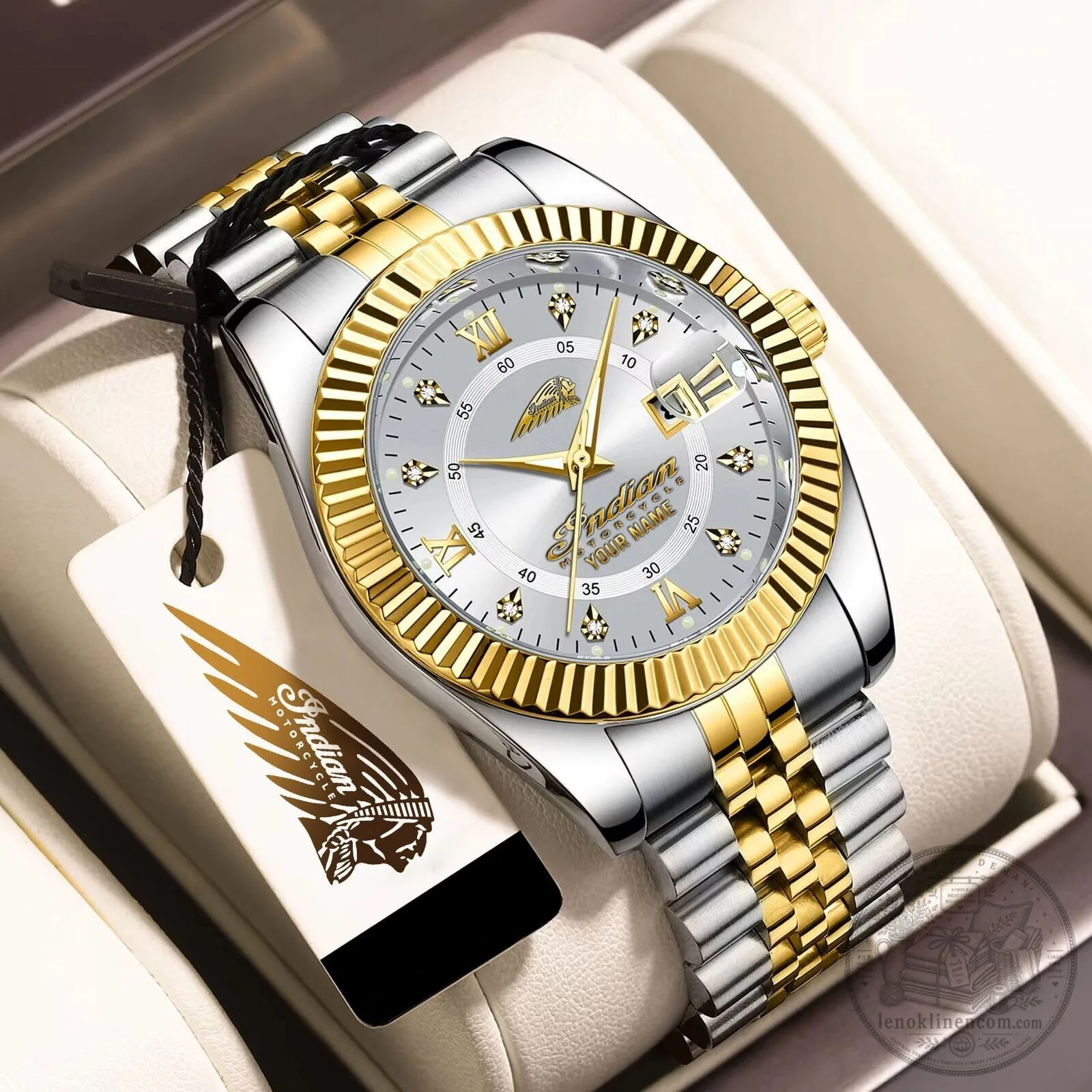Indian Motorcycle Custom Name Two Tone Gold and Silver Stainless Steel Watch