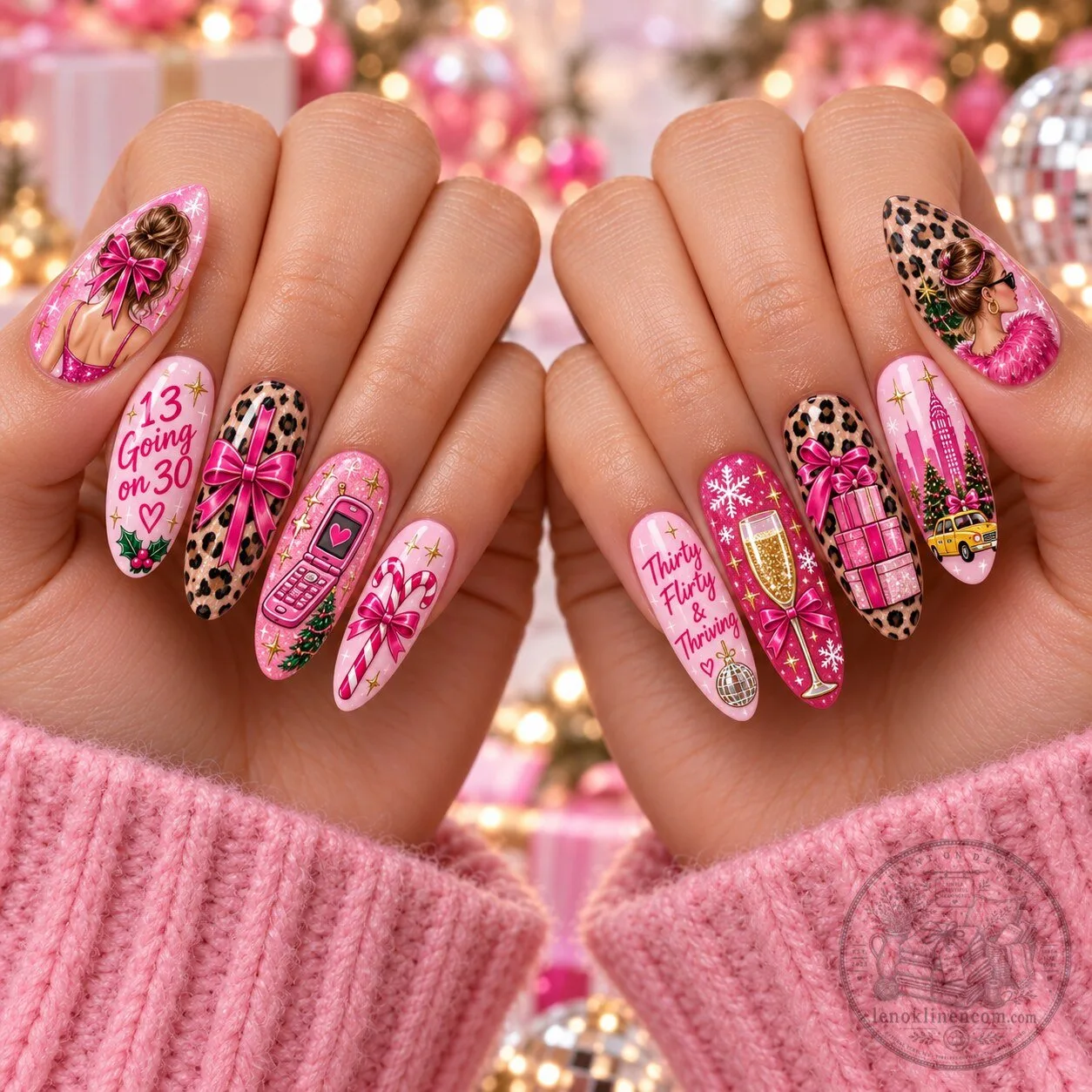 Thirteen Going on Thirty Christmas Press-On Nails with Leopard Print and Bows