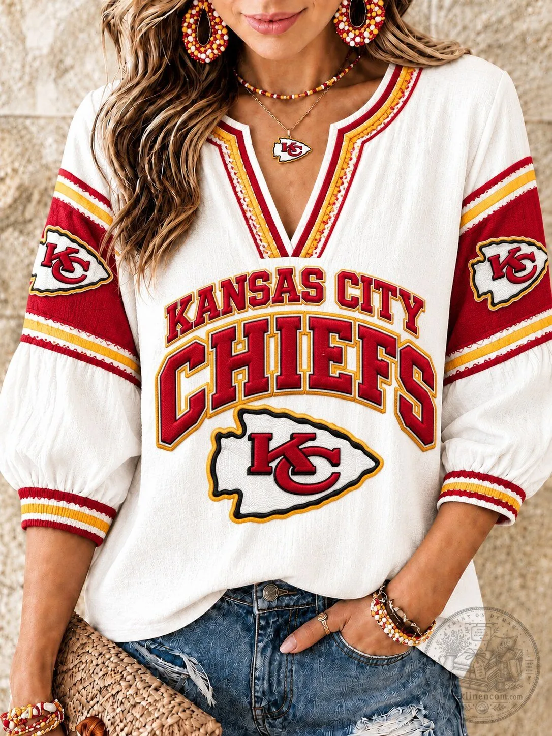 Kansas City Chiefs Football Team Embroidered V-Neck Long Sleeve Top