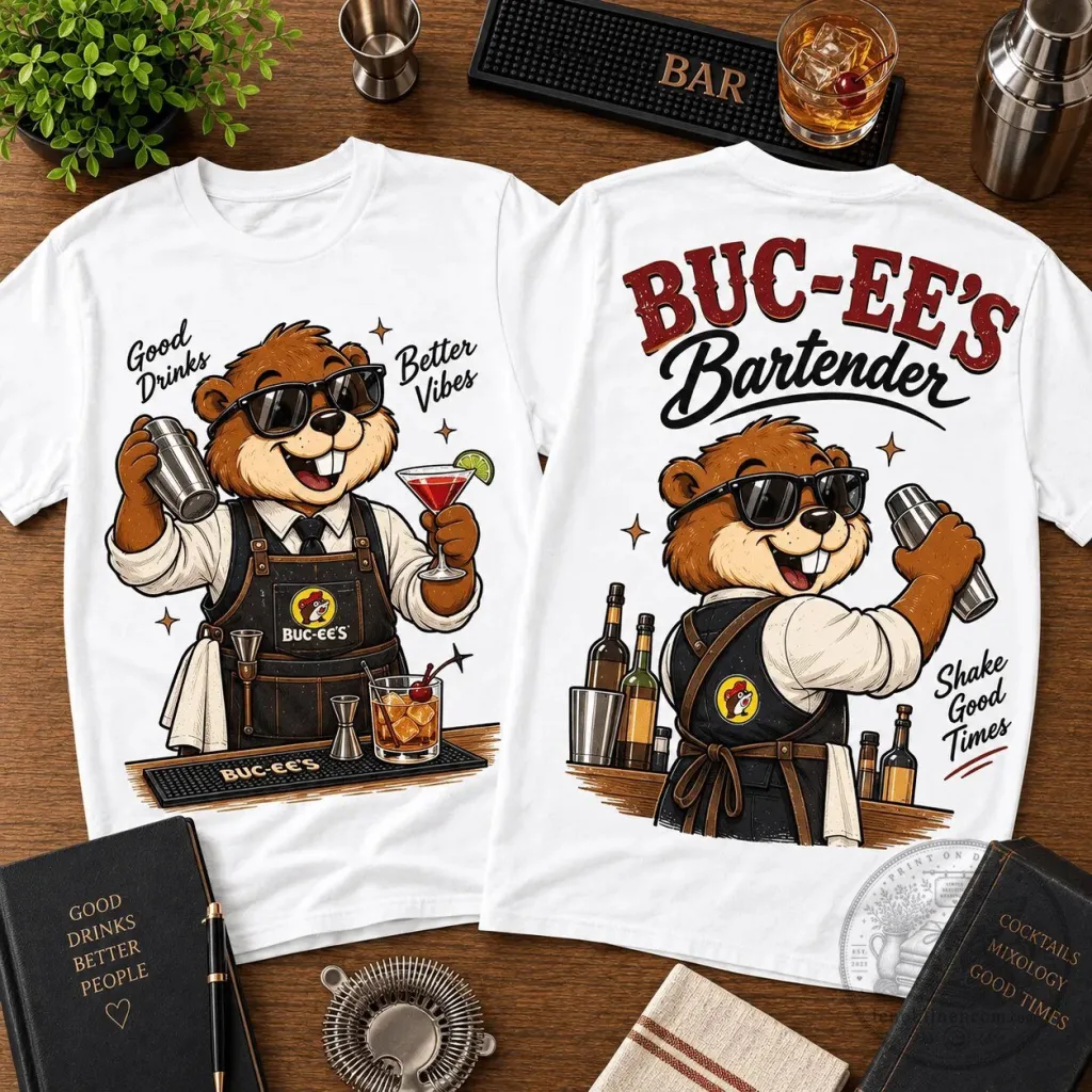Buc-ee's Bartender Good Drinks Better Vibes White Cotton T-Shirt Buc-ee's Bartender Good Drinks Better Vibes White Cotton T-Shirt