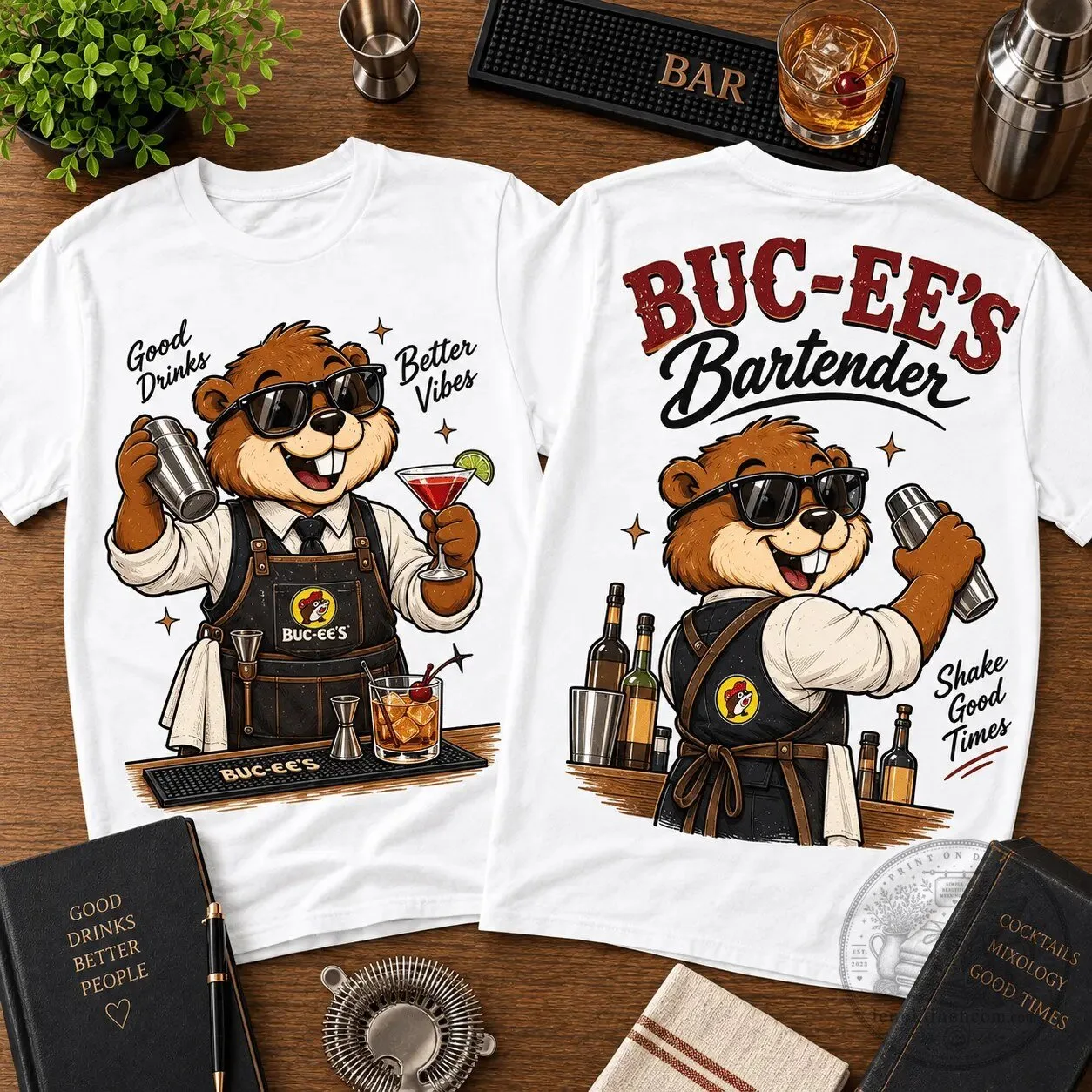Buc-ee's Bartender Good Drinks Better Vibes White Cotton T-Shirt 1 buc ee s bartender good drinks better vibes white cotton t shirt featured