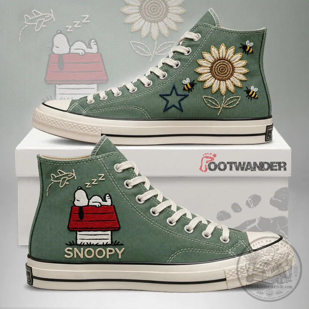 Snoopy Peanuts Embroidered Sunflower Bees High Top Canvas Shoes