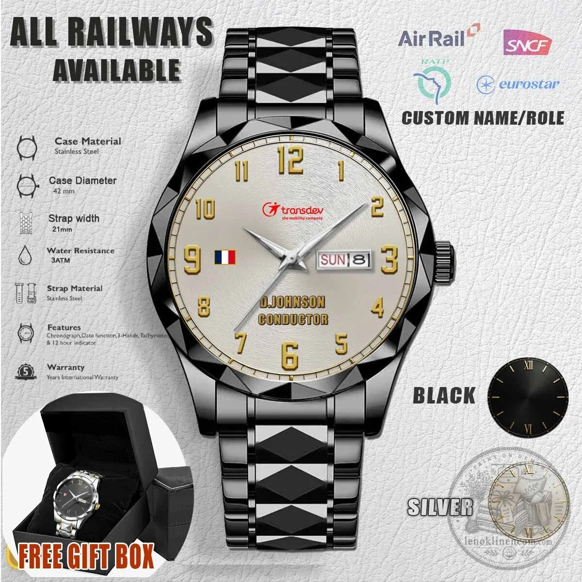 Transdev Railway Conductor Custom Engraved Stainless Steel Watch 4 Transdev Railway Conductor Custom Engraved Stainless Steel Watch
