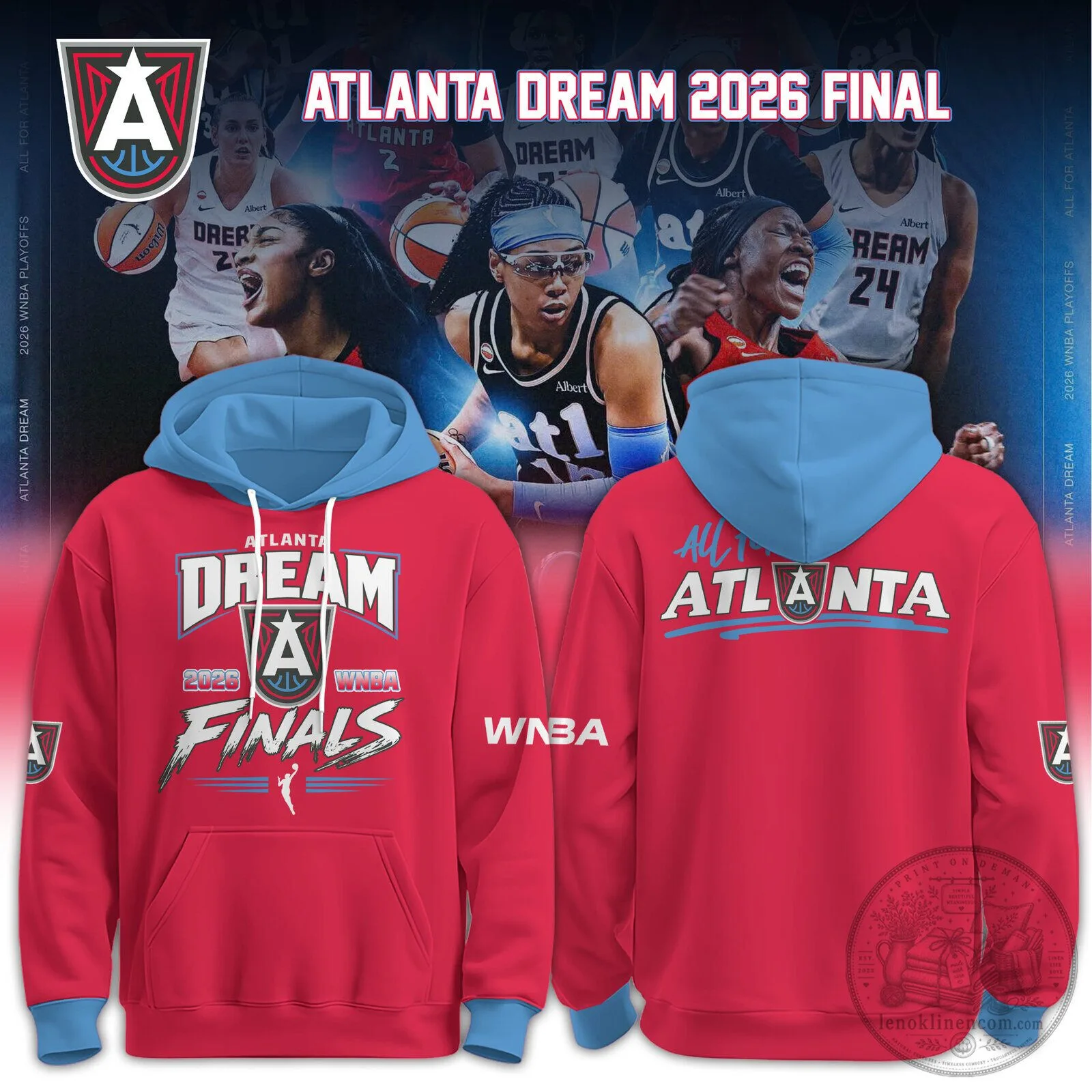 Atlanta Dream 2026 WNBA Finals Red Hoodie with Light Blue Hood and Cuffs