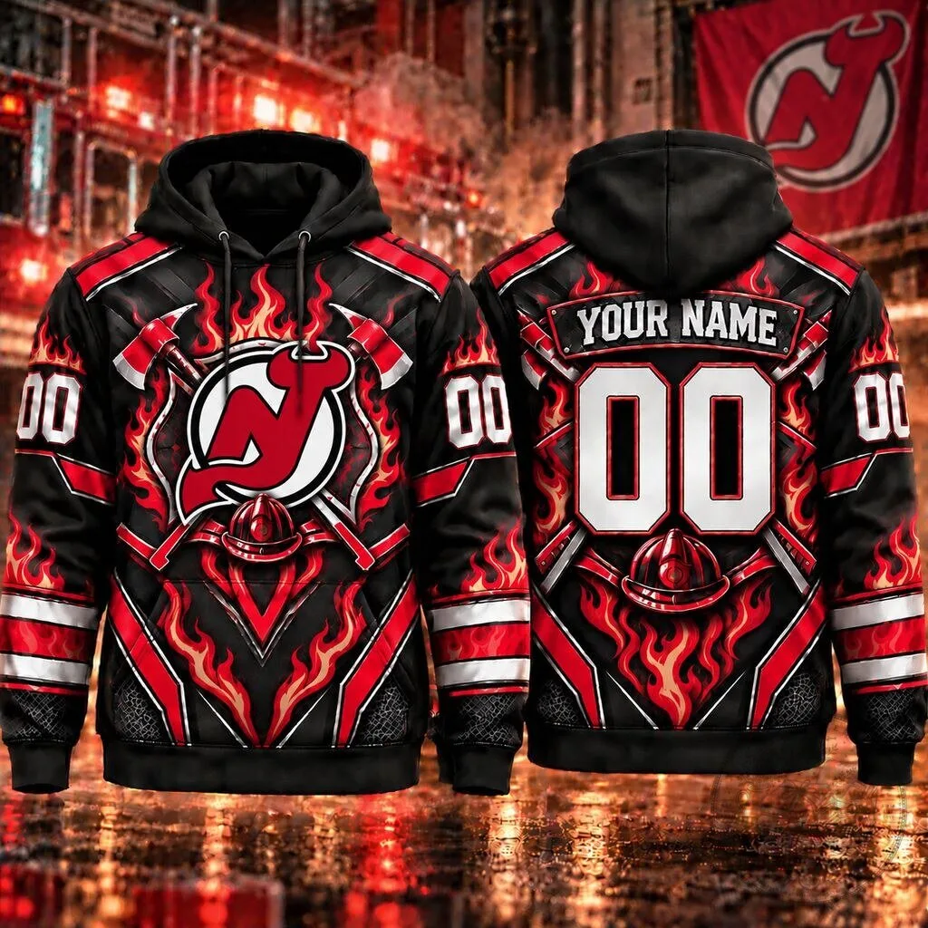 New Jersey Devils Firefighter Tribute Personalized Black and Red Hoodie