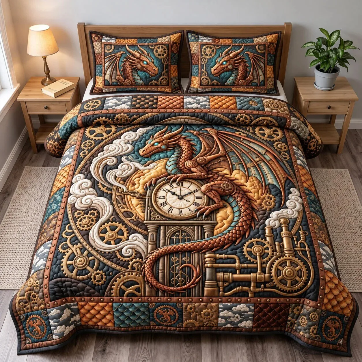 Steampunk Dragon Clockwork Quilted Bedding Set with Pillow Shams