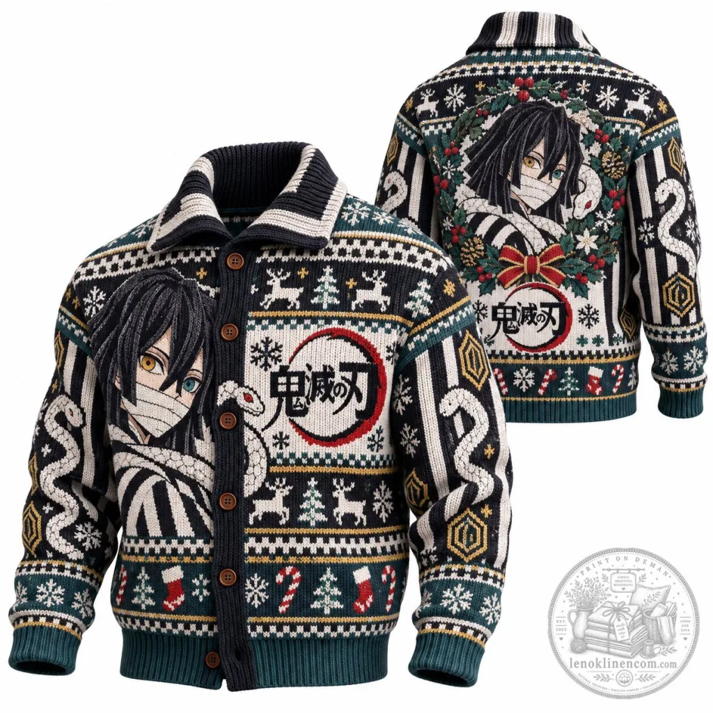 Demon Slayer Obanai Iguro Christmas Holiday Ugly Sweater Cardigan Demon Slayer Obanai Iguro Christmas Holiday Ugly Sweater Cardigan