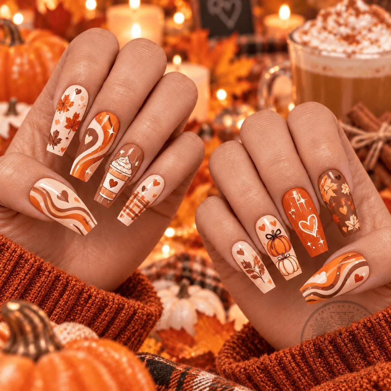 Autumn Pumpkin Spice Latte Fall Leaves Press-On Nails