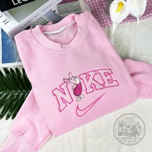 Piglet Embroidered Nike Logo Winnie The Pooh Pink Crewneck Sweatshirt