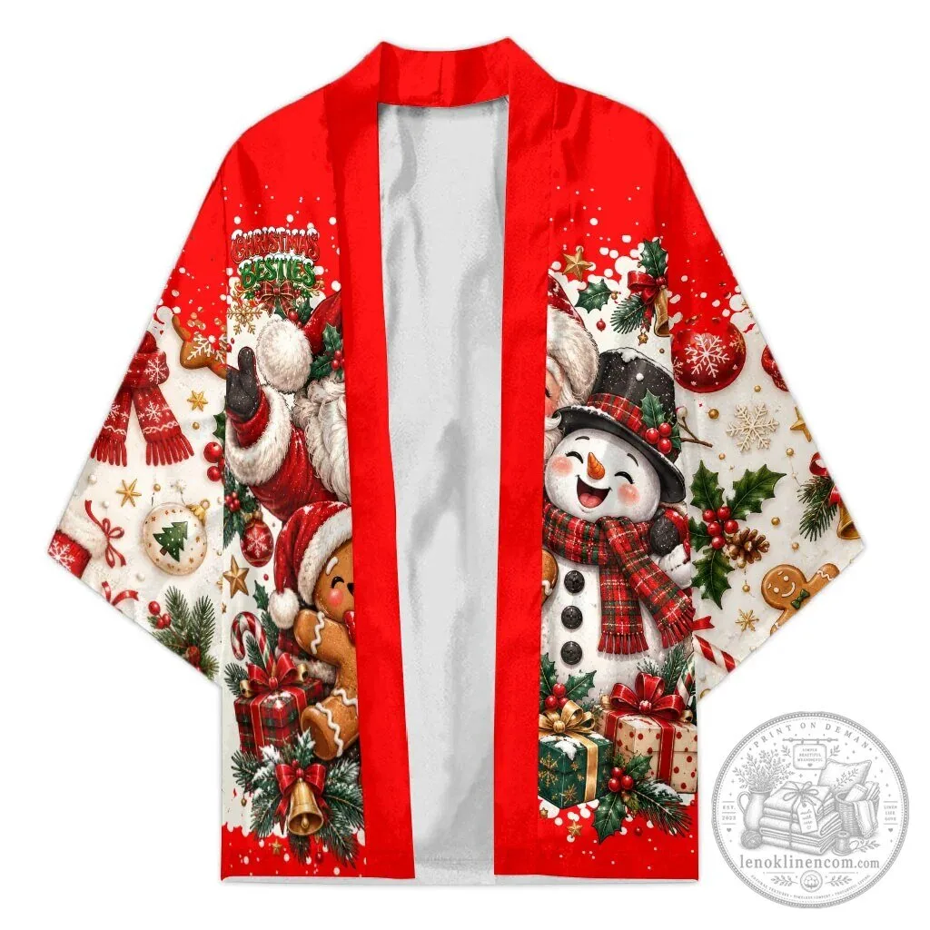 Festive Christmas Besties Santa Snowman Gingerbread Holiday Kimono Cardigan