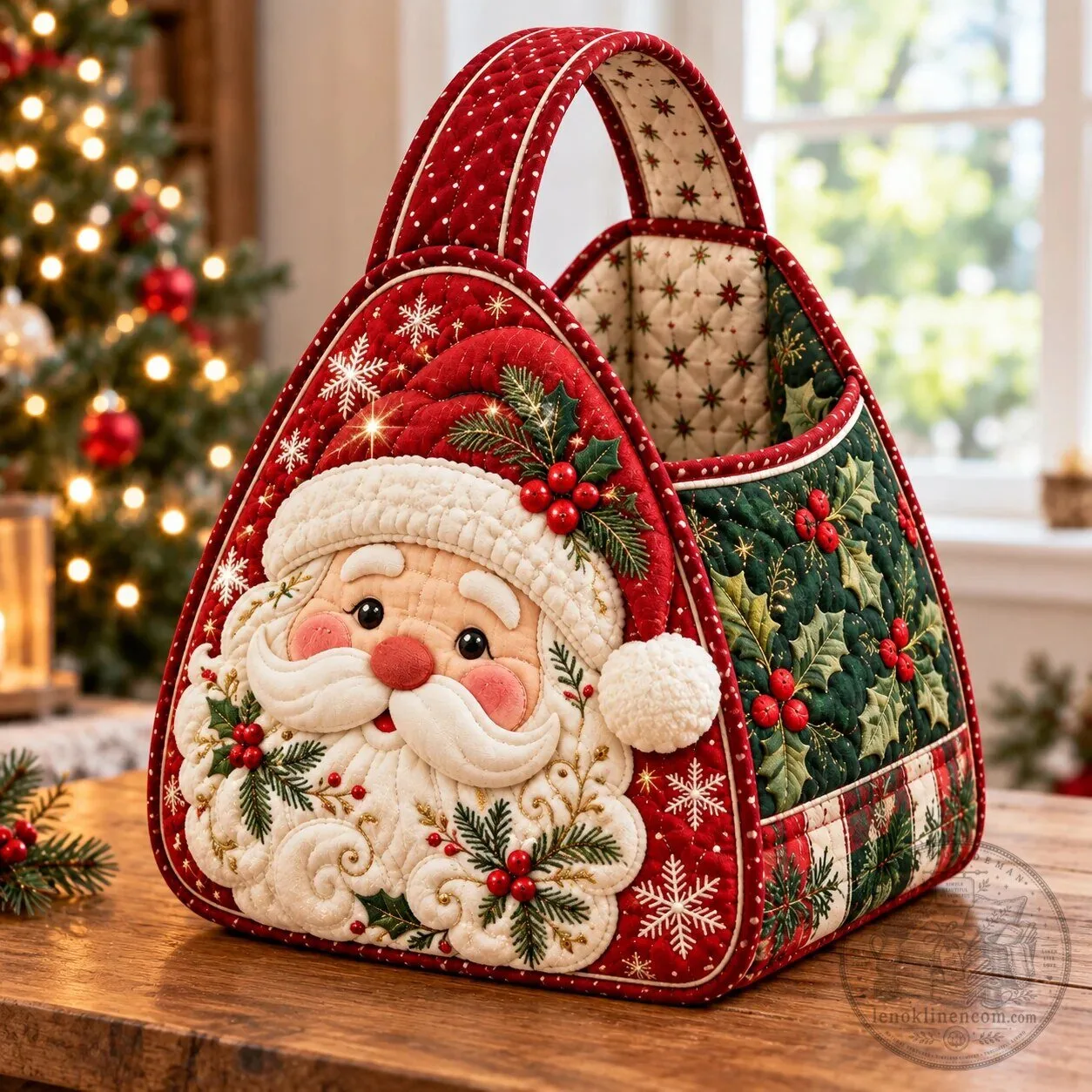 Santa Claus Christmas Quilted Fabric Basket with Holly and Snowflakes