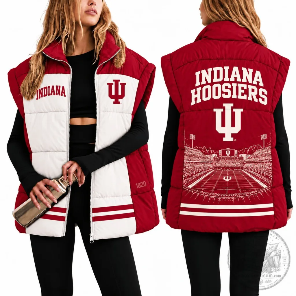 Indiana Hoosiers Women's Red and White Puffer Vest with Stadium Design Indiana Hoosiers Women's Red and White Puffer Vest with Stadium Design