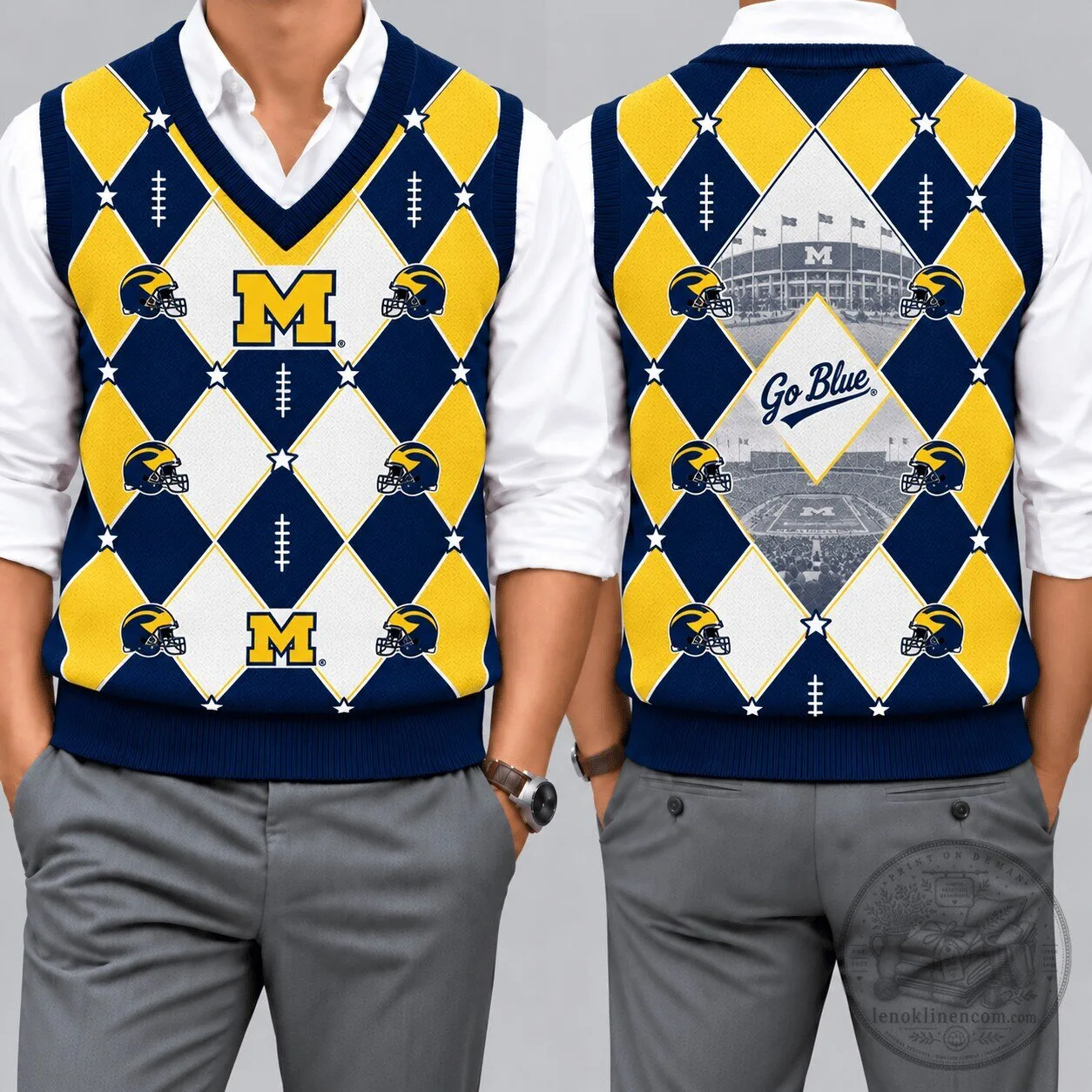 Michigan Wolverines Football Team Argyle Pattern V-Neck Knit Vest