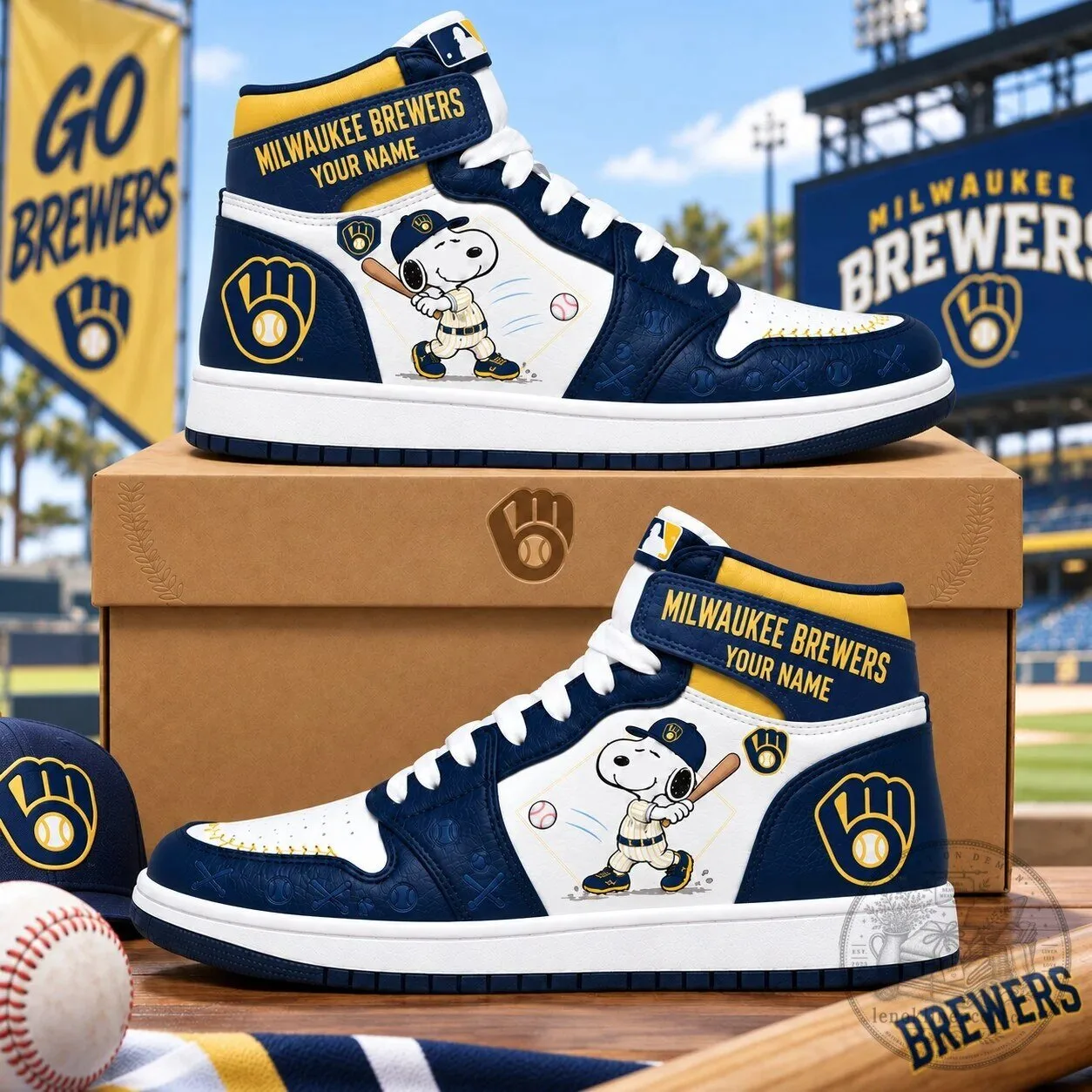 Milwaukee Brewers Snoopy Baseball High Top Sneakers Custom Name Shoes