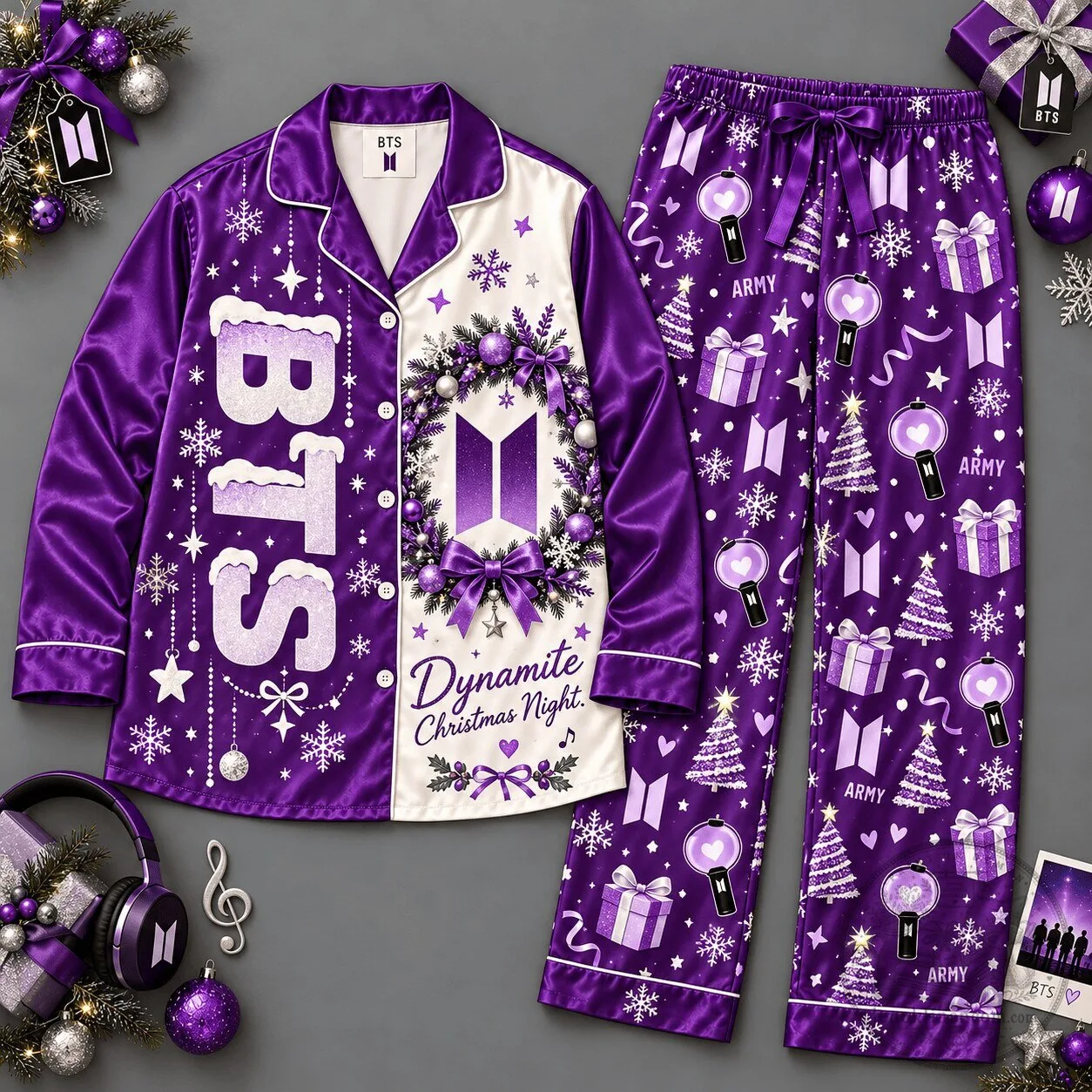 BTS Dynamite Christmas Night Purple Snowflake Pattern Long Sleeve Pajamas Set 1 BTS Dynamite Christmas Night Purple Snowflake Pattern Long Sleeve Pajamas Set