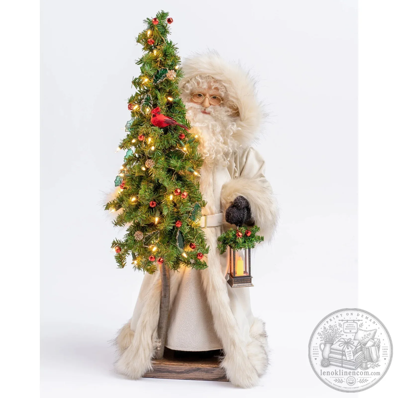 Father Christmas White Fur Coat Holding Christmas Tree and Lantern Figurine