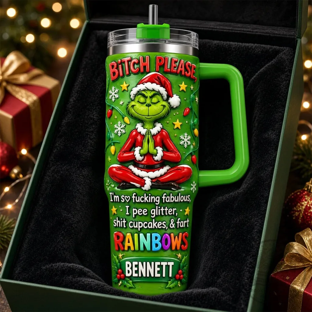 Grinch Christmas Bitch Please Funny Quote Personalized Green Tumbler With Handle Grinch Christmas "Bitch Please" Funny Quote Personalized Green Tumbler With Handle