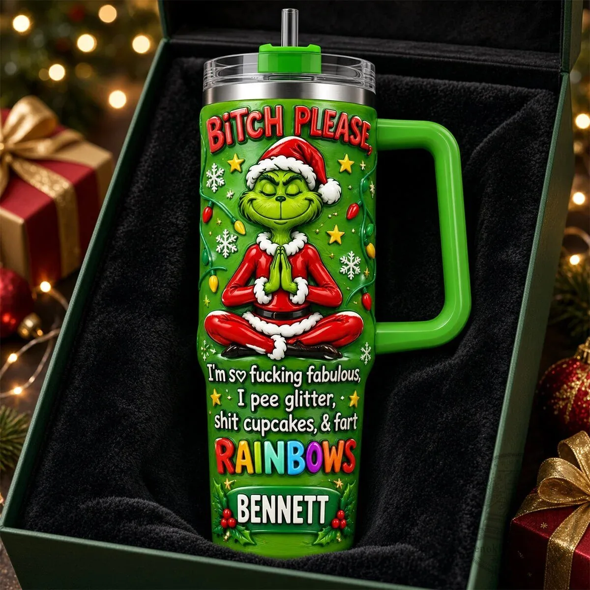 Grinch Christmas "Bitch Please" Funny Quote Personalized Green Tumbler With Handle