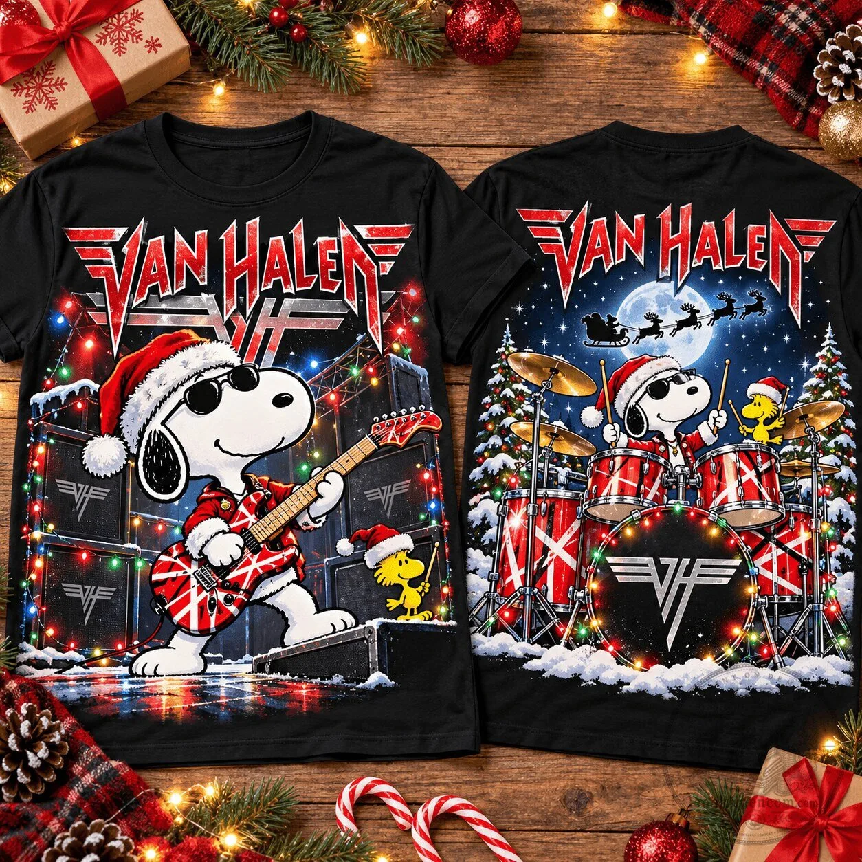 Van Halen Snoopy Guitar and Drum Kit Christmas Holiday T-Shirt for Music Fans