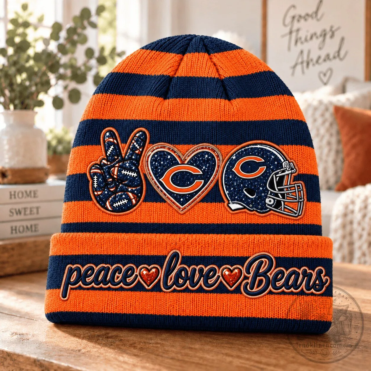 Chicago Bears NFL Football Peace Love Bears Striped Beanie Hat