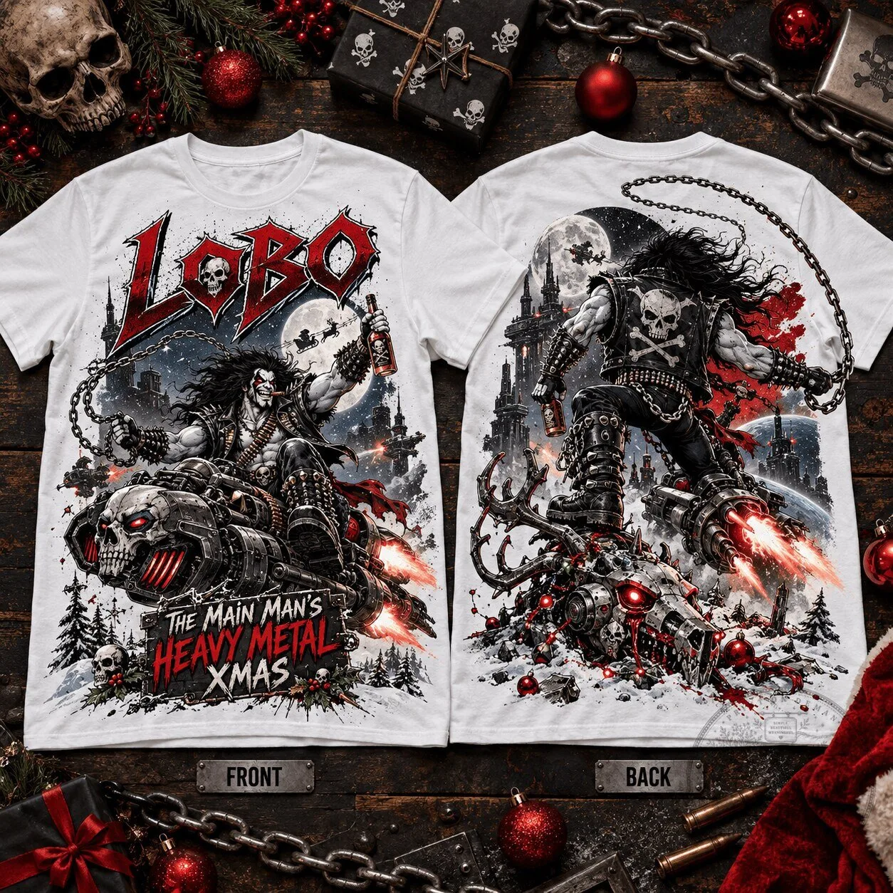 Heavy Metal Christmas T-Shirt featuring Lobo The Main Man Comic Book Design