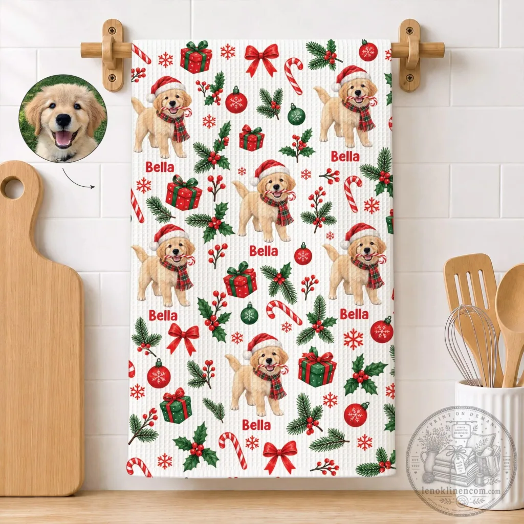 Personalized Golden Retriever Christmas Kitchen Towel, Custom Pet Photo Holiday Decor Personalized Golden Retriever Christmas Kitchen Towel, Custom Pet Photo Holiday Decor