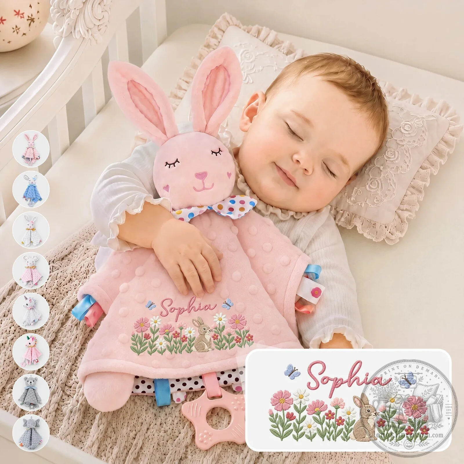 Personalized Pink Bunny Floral Baby Security Blanket with Name Embroidery