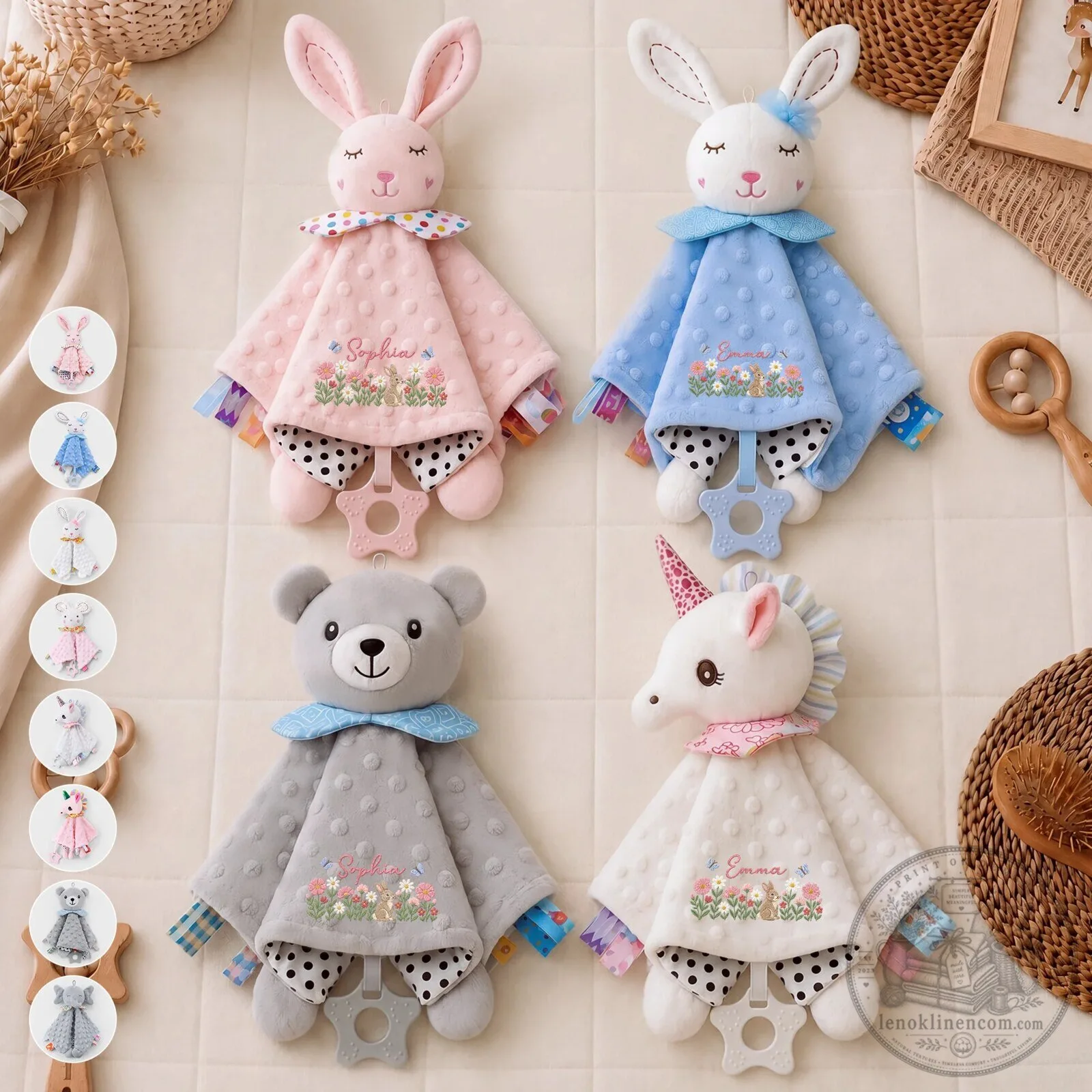 Personalized Pink Bunny Floral Baby Security Blanket with Name Embroidery 8 Personalized Pink Bunny Floral Baby Security Blanket with Name Embroidery