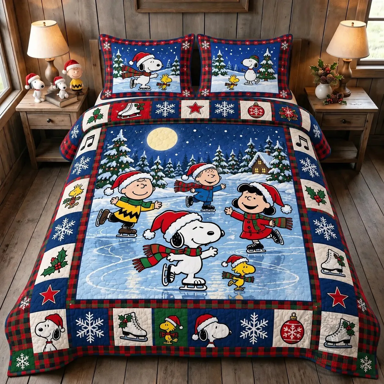 Snoopy and Friends Ice Skating Christmas Holiday Quilted Bedding Set