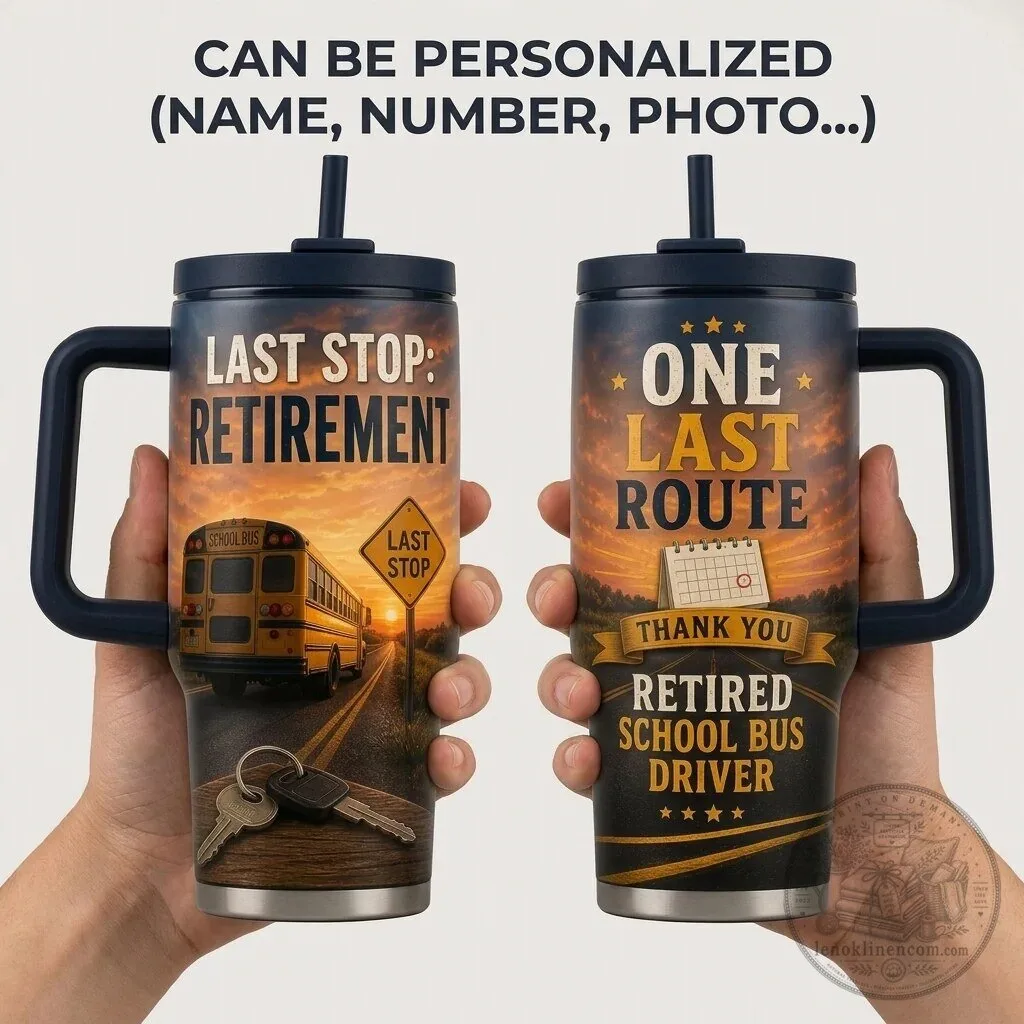 School Bus Driver Retirement Gift One Last Route Personalized Tumbler with Handle