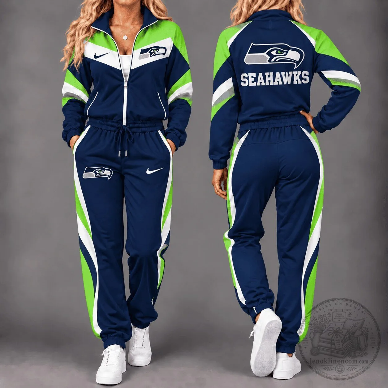 Seattle Seahawks NFL Team Logo Navy Blue and Lime Green Tracksuit Set