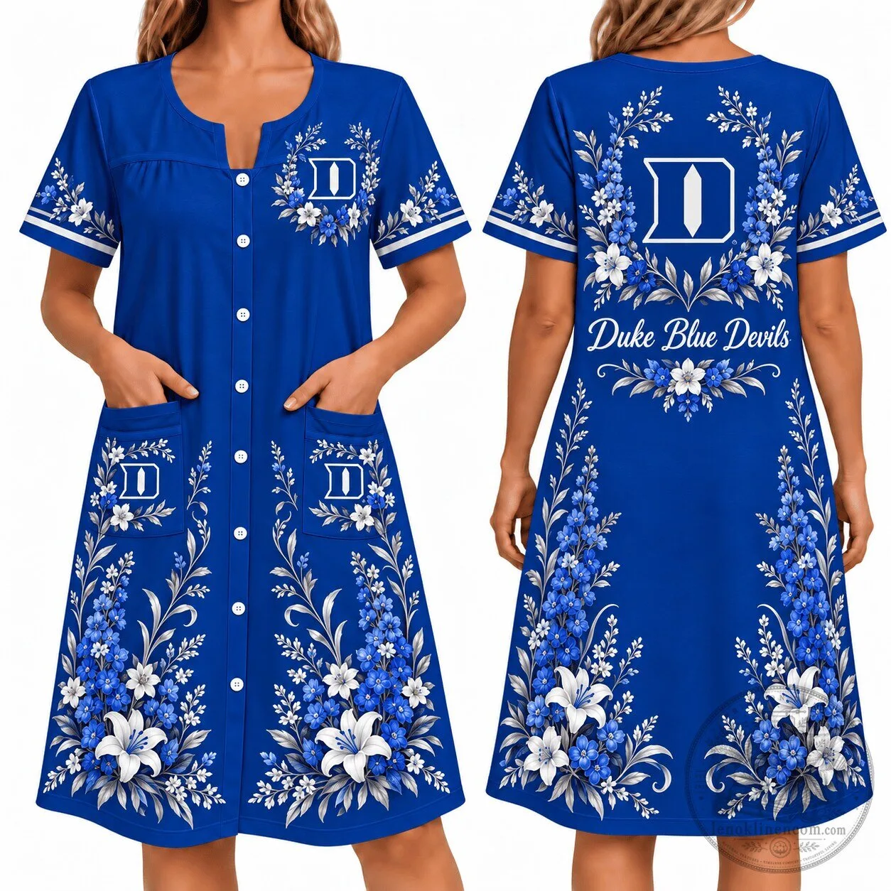 Duke Blue Devils Floral Print Women's Button-Up House Dress