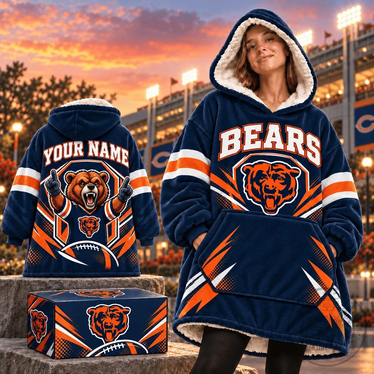 Chicago Bears NFL Oversized Wearable Blanket Hoodie with Custom Name