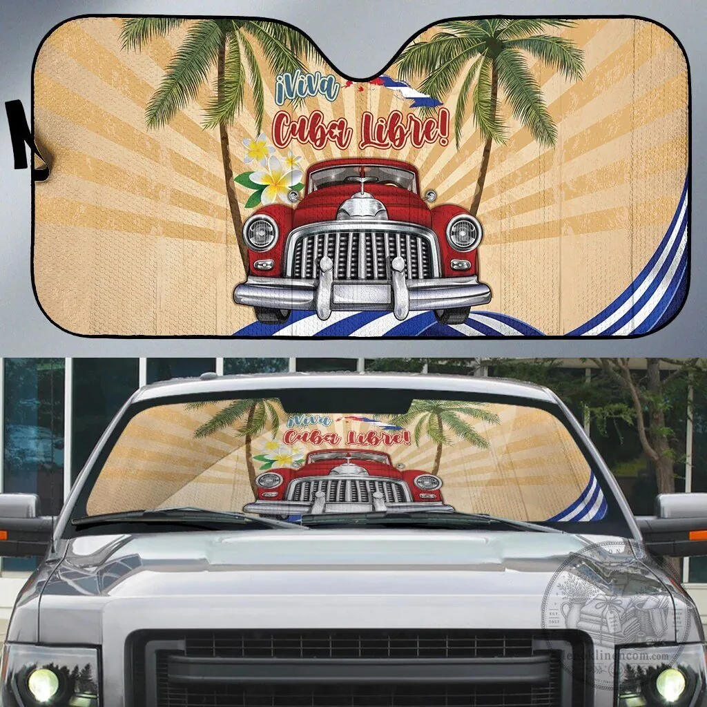 Viva Cuba Libre Car Sun Shade with Retro Cuban Car and Tropical Palm Trees