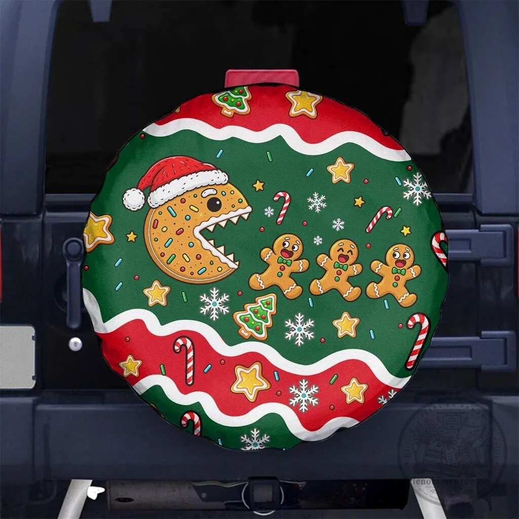 Christmas Gingerbread Cookie Pac-Man Game Holiday Spare Tire Cover