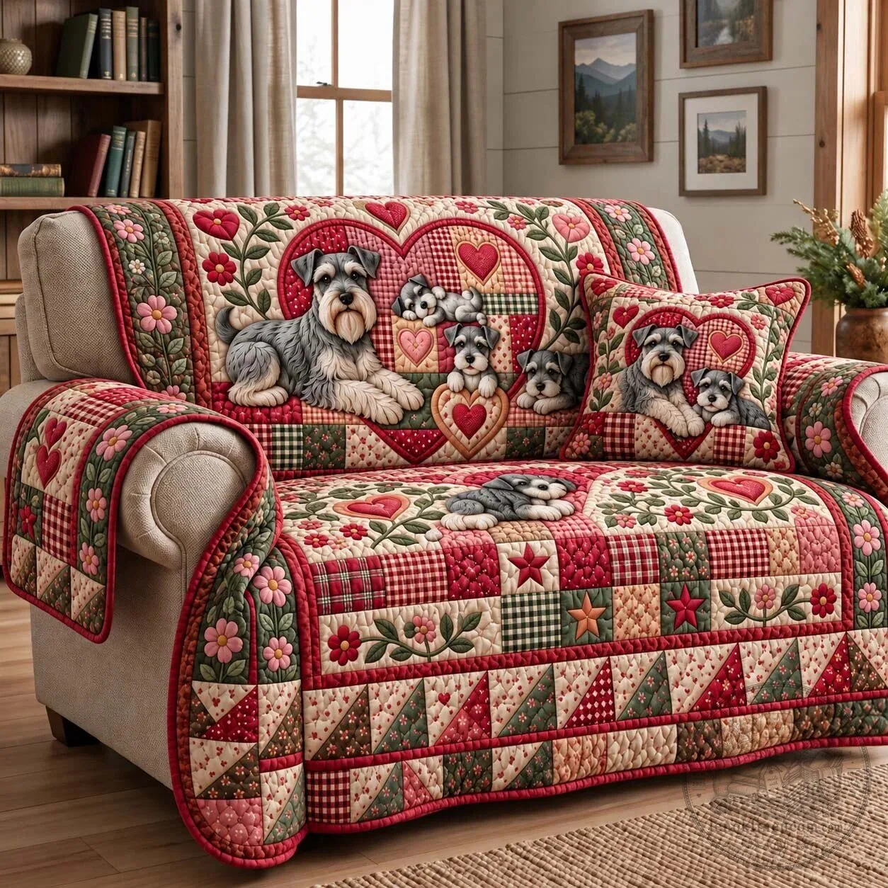 Heartfelt Schnauzer Family Quilted Sofa Slipcover with Patchwork Design