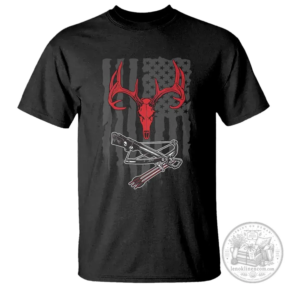 Compound Bow Hunting Deer Skull American Flag Archery Hunter T-Shirt