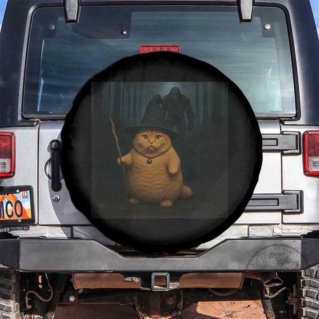 Funny Halloween Witch Cat Selfie With Bigfoot Sasquatch Spare Tire Cover