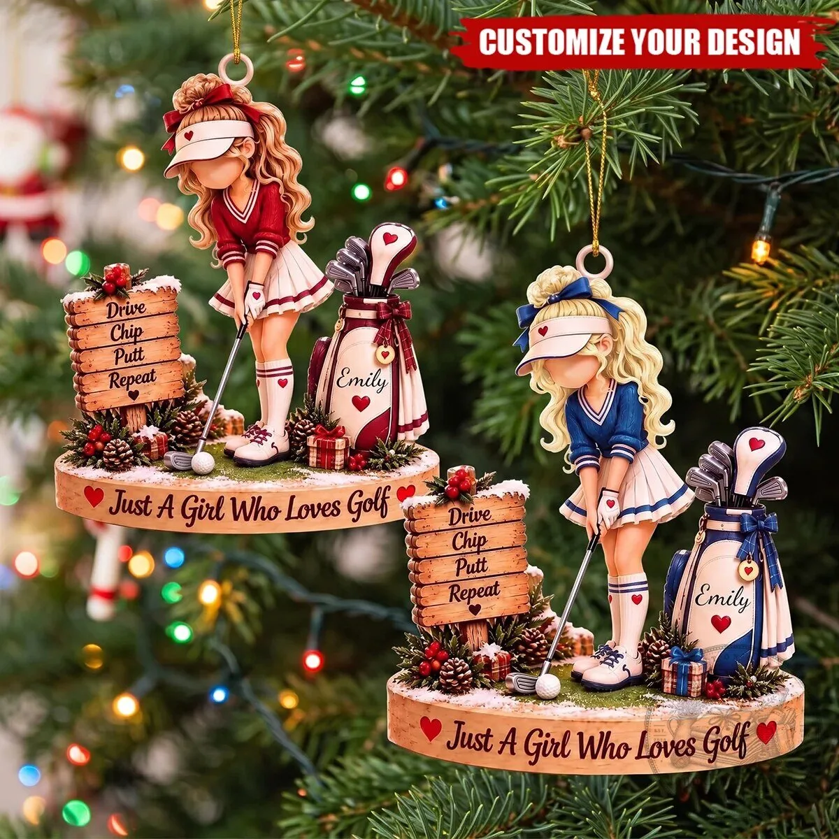 Personalized Golf Girl Christmas Tree Ornament with Custom Name and Quote 3 Personalized Golf Girl Christmas Tree Ornament with Custom Name and Quote