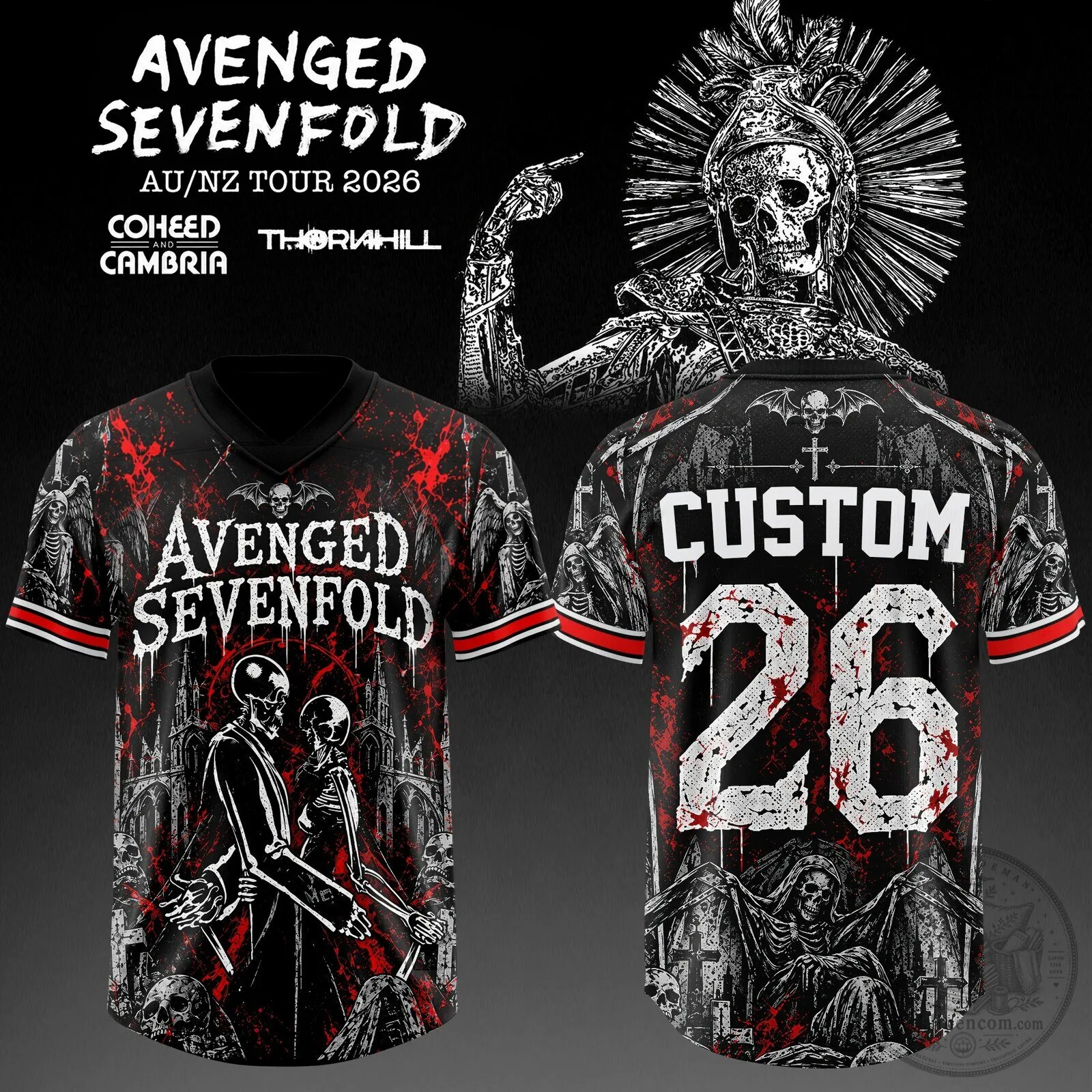 Avenged Sevenfold Tour 2026 Skull and Skeleton Rock Band Baseball Jersey