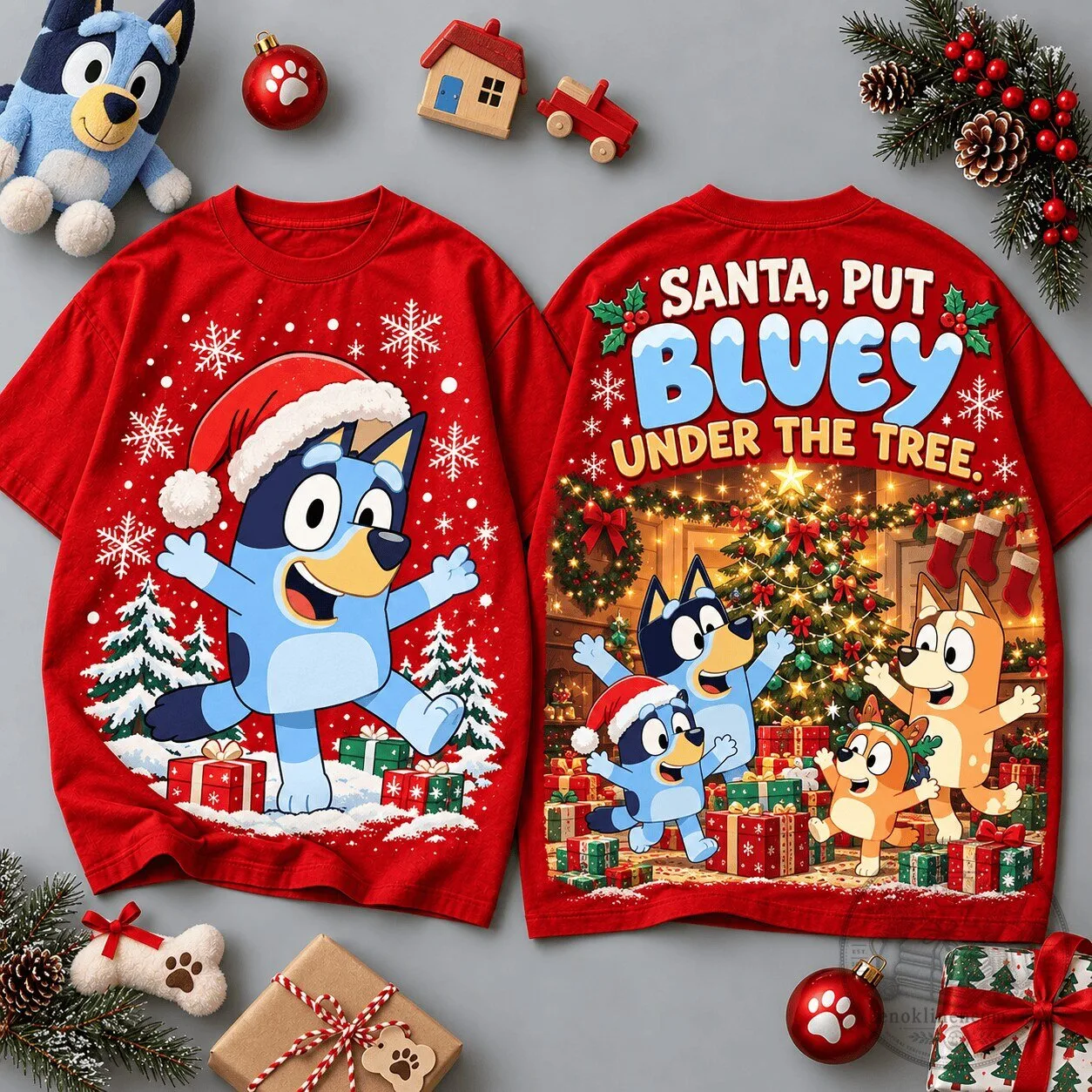 Bluey Santa Outfit and Family Christmas Scene Holiday T-Shirt